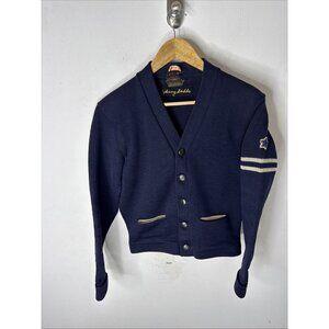 Vintage‎ Dehen Varsity Cardigan Sweater Wool Navy Blue Striped Sleeve Star Men S